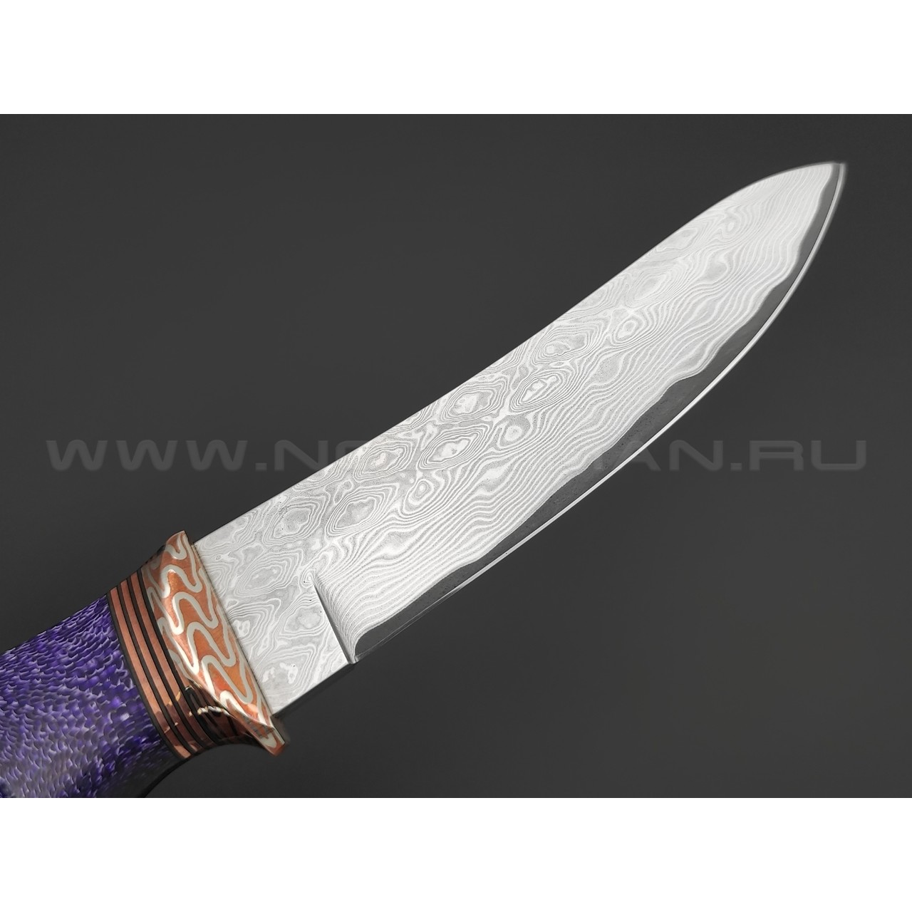 Кузница Васильева нож НЛВ146 ламинат CPM S90V, рукоять Alutex purple twill, мокумэ-ганэ, бронза