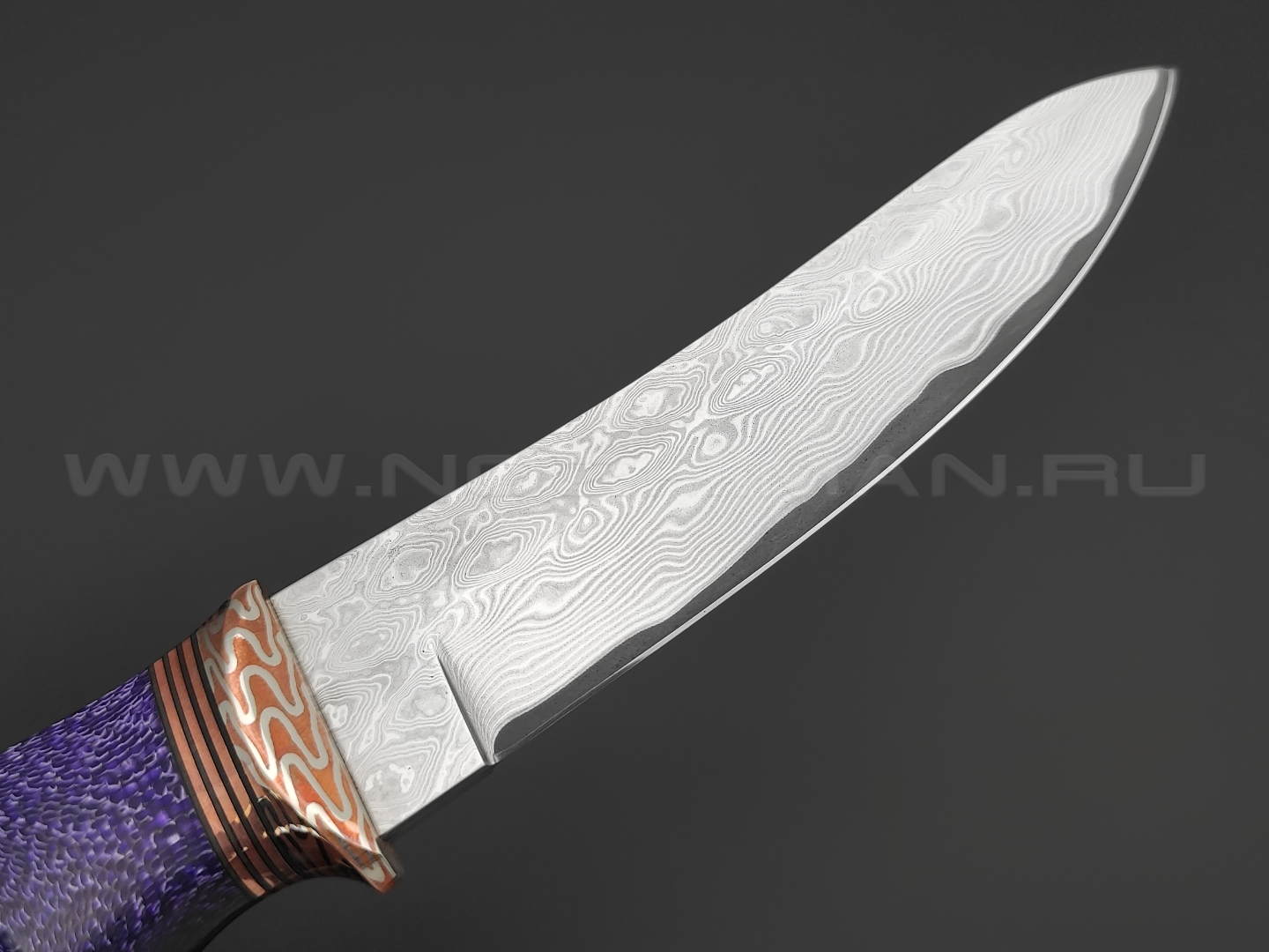 Кузница Васильева нож НЛВ146 ламинат CPM S90V, рукоять Alutex purple twill, мокумэ-ганэ, бронза
