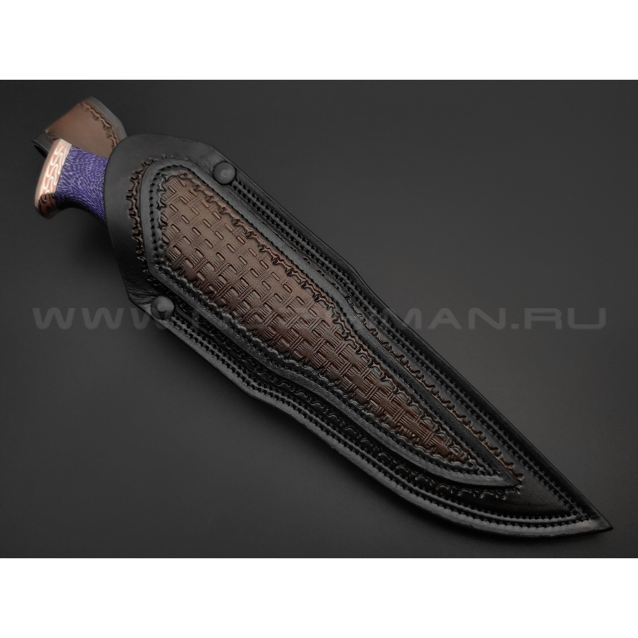 Кузница Васильева нож НЛВ146 ламинат CPM S90V, рукоять Alutex purple twill, мокумэ-ганэ, бронза