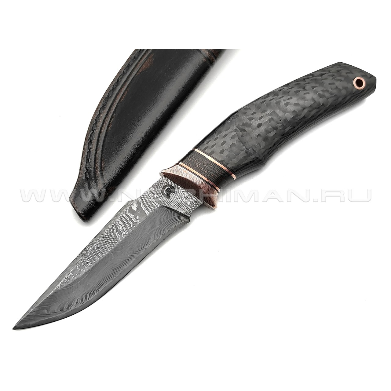 Кузница Васильева нож НЛВ154 ламинат CPM Rex 121, рукоять Carbon fiber, мокумэ-ганэ, бронза