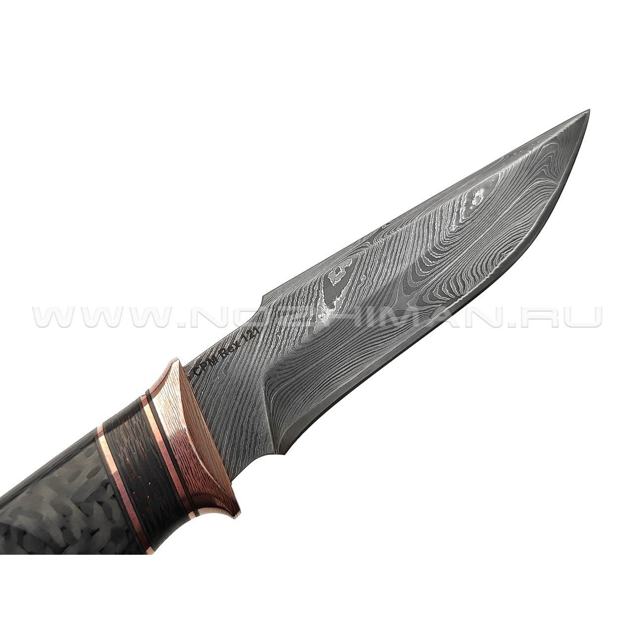 Кузница Васильева нож НЛВ154 ламинат CPM Rex 121, рукоять Carbon fiber, мокумэ-ганэ, бронза