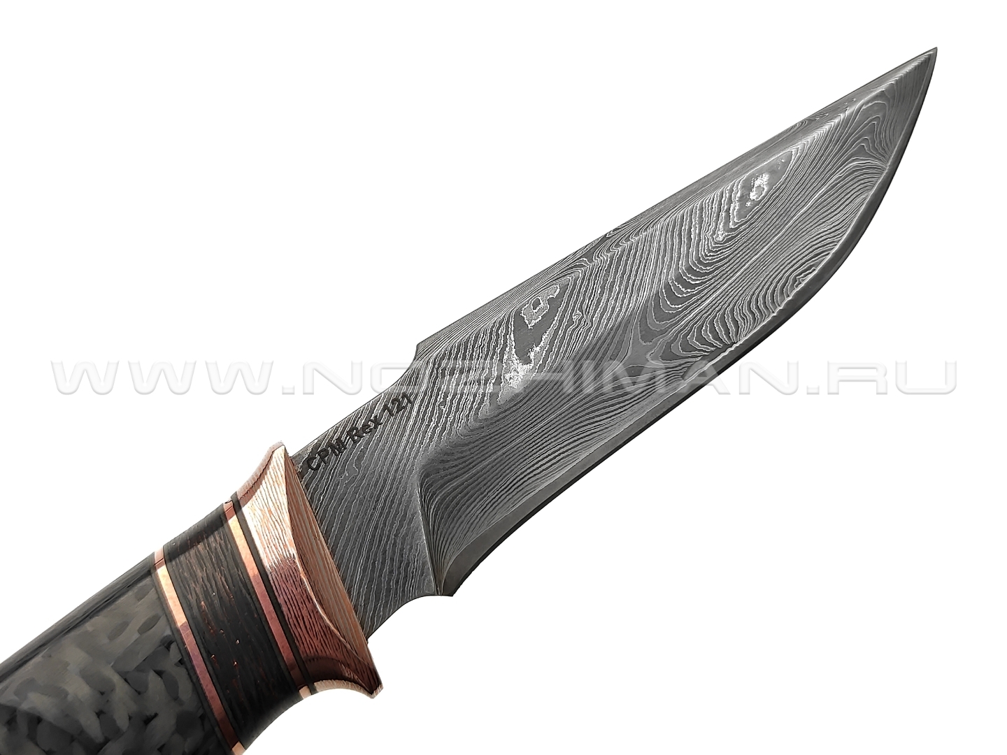 Кузница Васильева нож НЛВ154 ламинат CPM Rex 121, рукоять Carbon fiber, мокумэ-ганэ, бронза
