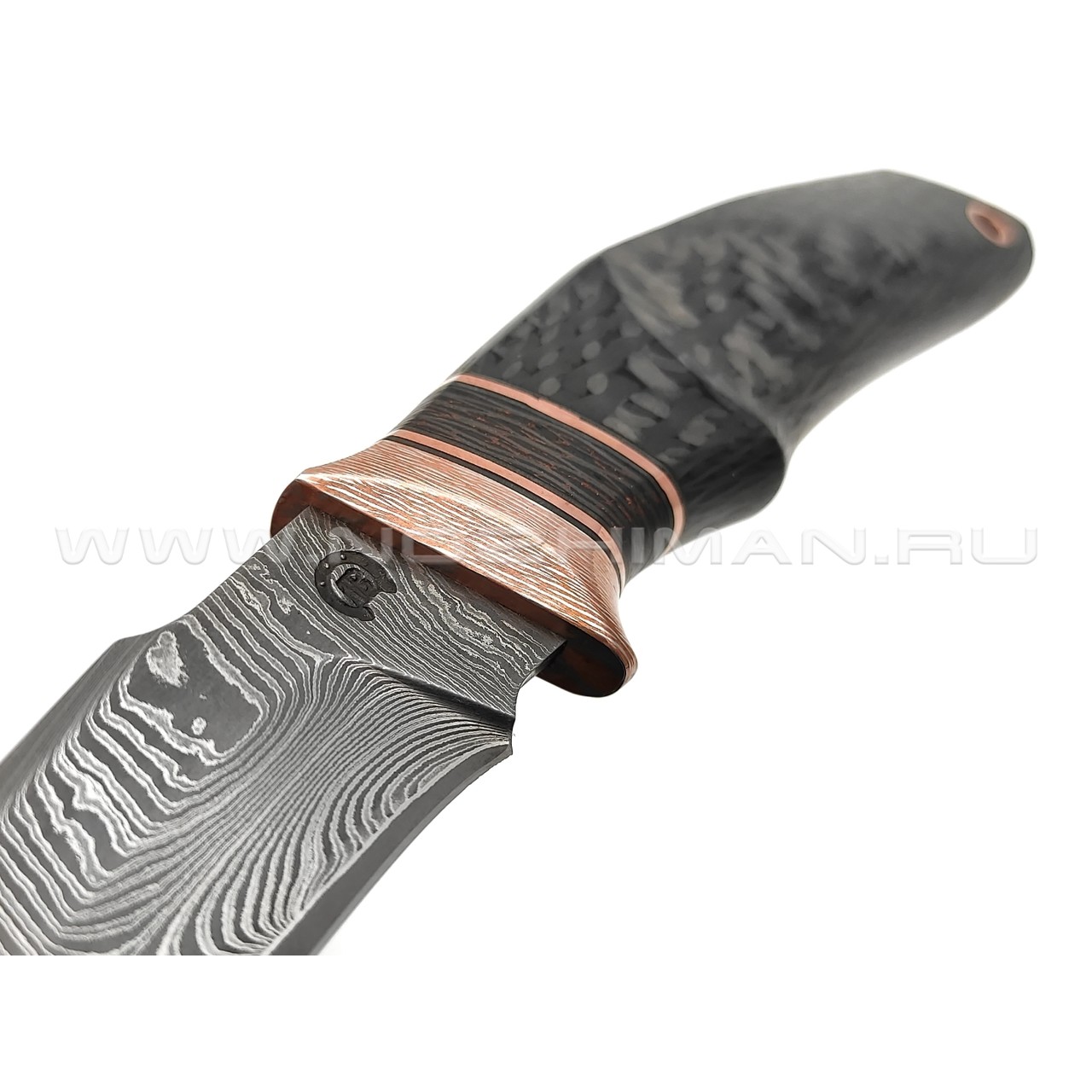 Кузница Васильева нож НЛВ154 ламинат CPM Rex 121, рукоять Carbon fiber, мокумэ-ганэ, бронза
