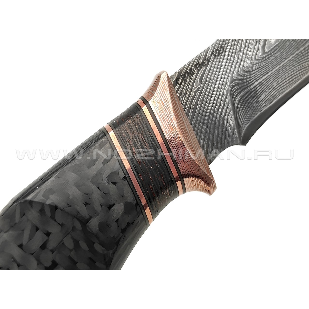 Кузница Васильева нож НЛВ154 ламинат CPM Rex 121, рукоять Carbon fiber, мокумэ-ганэ, бронза