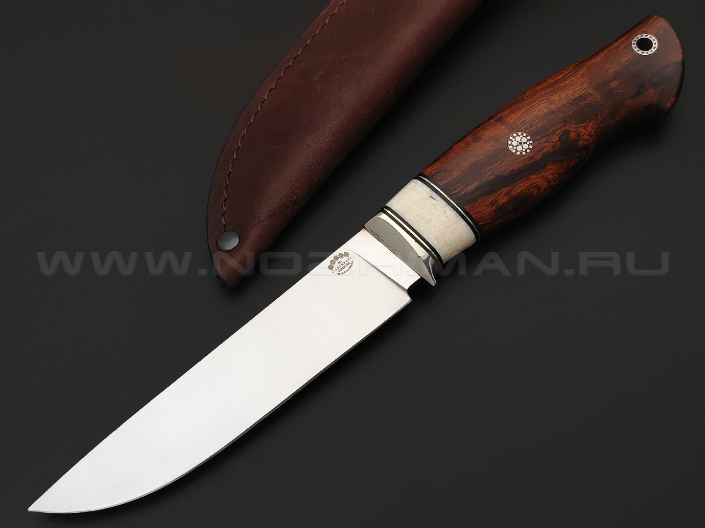 Товарищество Завьялова нож Ладья-2 сталь M390, рукоять Айронвуд, клык моржа, нейзильбер, пины