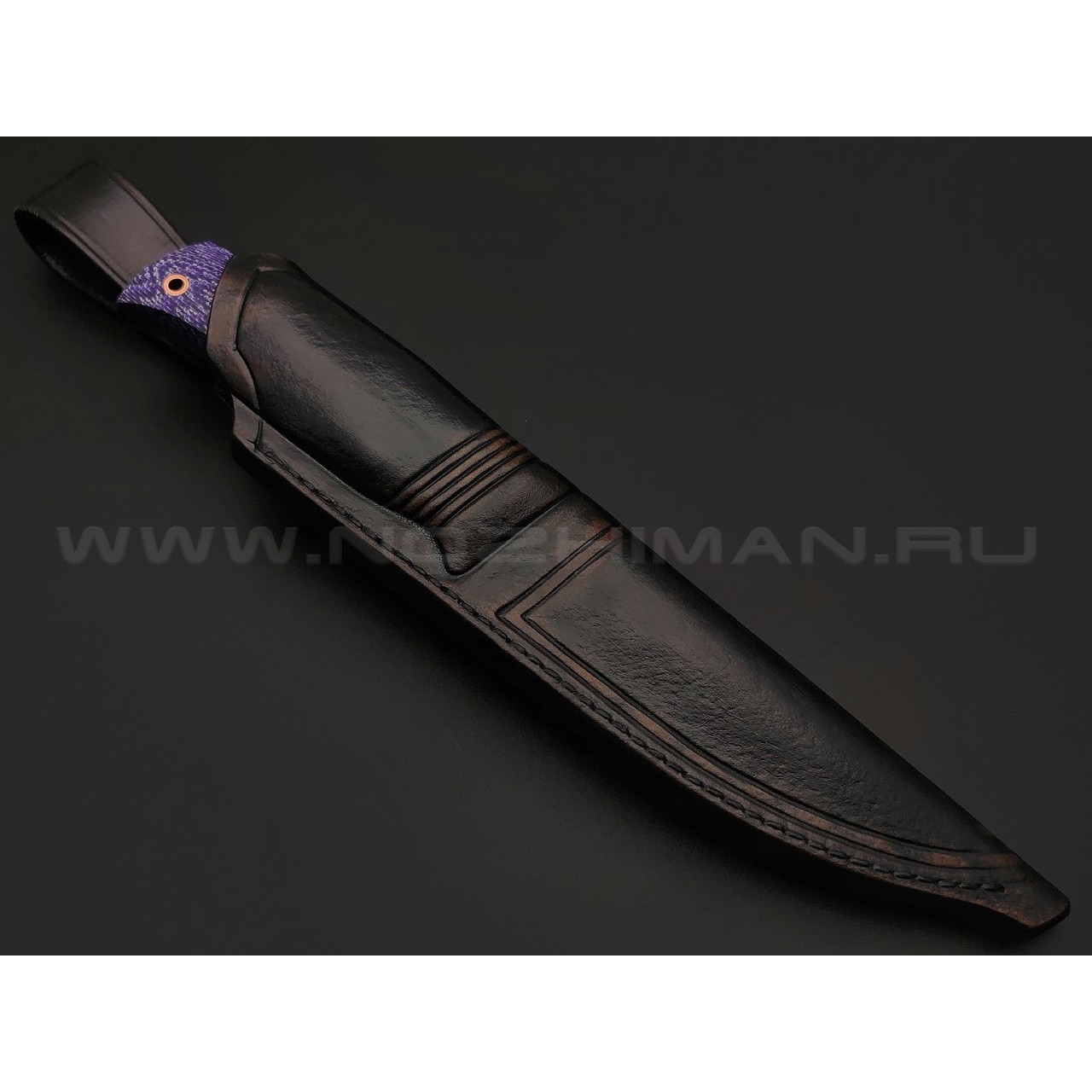 Кузница Васильева нож НЛВ149 ламинат M390, рукоять Alutex purple twill, зуб мамонта, мокумэ-ганэ, бронза