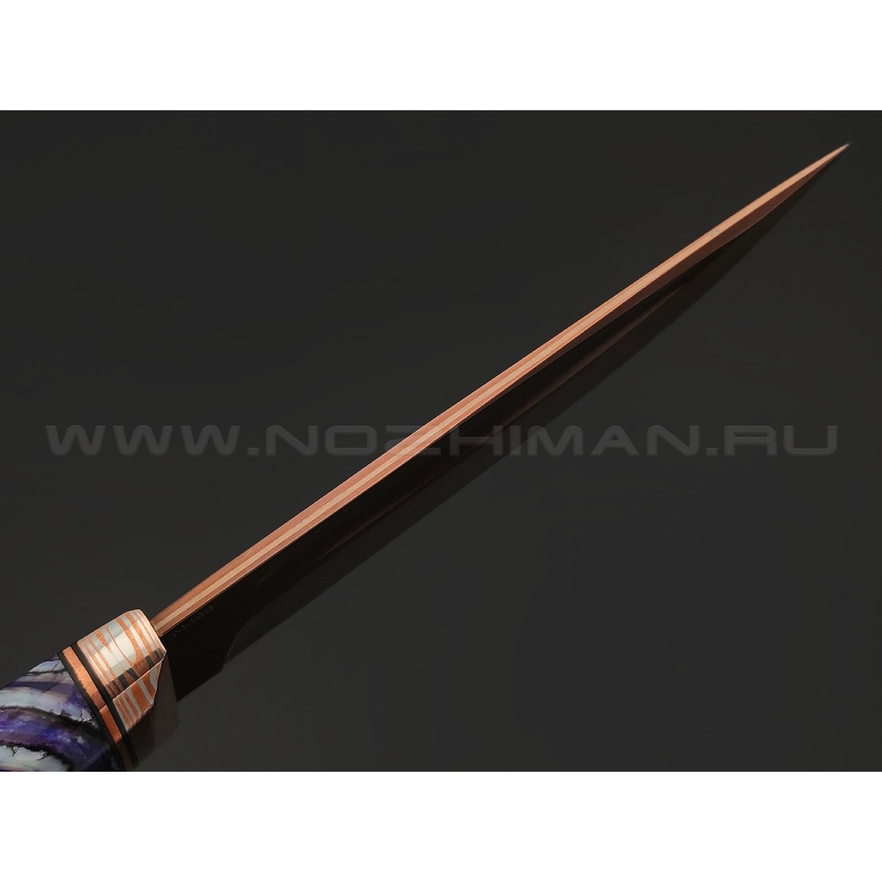 Кузница Васильева нож НЛВ149 ламинат M390, рукоять Alutex purple twill, зуб мамонта, мокумэ-ганэ, бронза