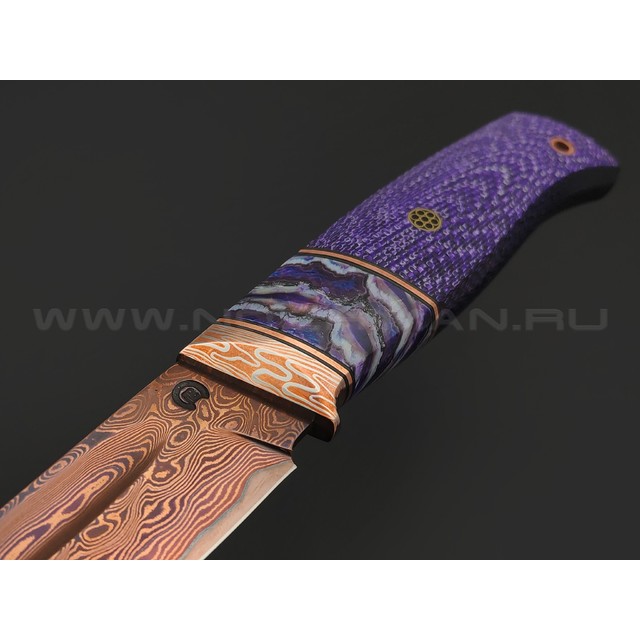 Кузница Васильева нож НЛВ149 ламинат M390, рукоять Alutex purple twill, зуб мамонта, мокумэ-ганэ, бронза