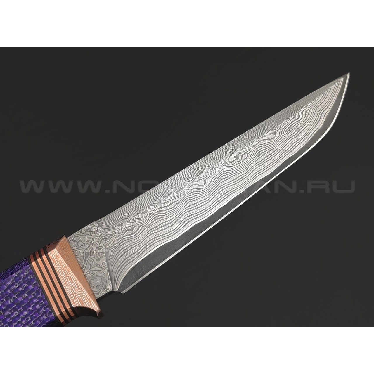 Кузница Васильева нож НЛВ153 ламинат CPM S90V, рукоять Alutex purple twill, мокумэ-ганэ, бронза