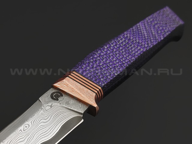 Кузница Васильева нож НЛВ153 ламинат CPM S90V, рукоять Alutex purple twill, мокумэ-ганэ, бронза