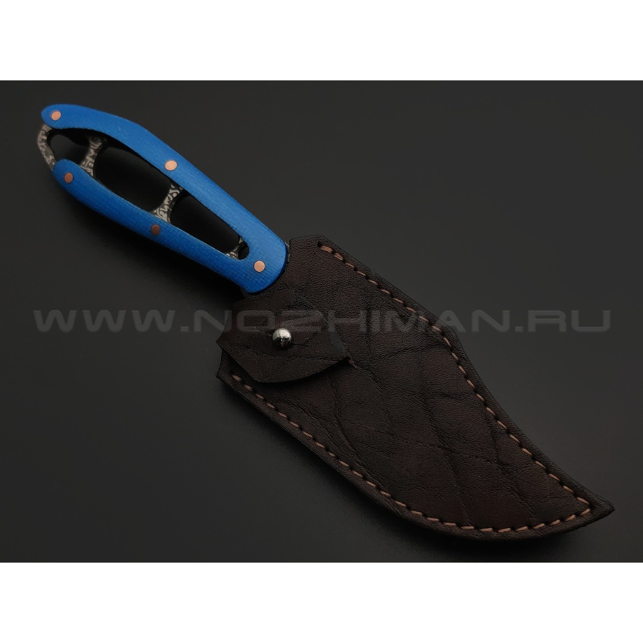 1-й Цех нож Сиськи сталь 440C травление Камасутра, рукоять Синяя микарта