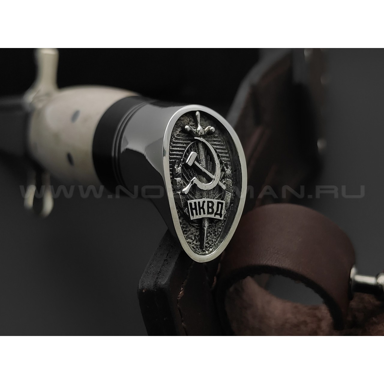 Товарищество Завьялова нож Финка НКВД сталь M390, рукоять Рог лося, штифты, граб, мельхиор