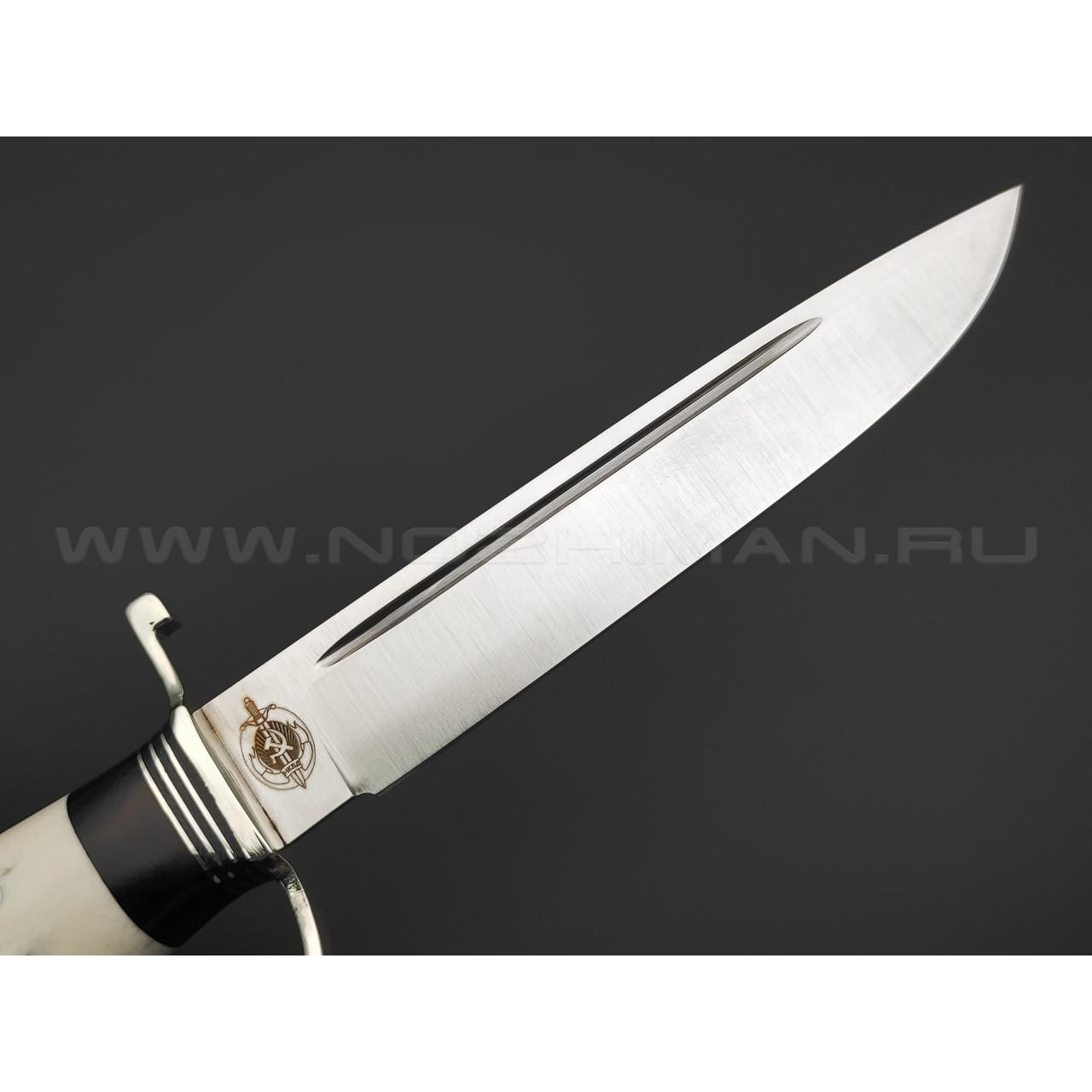 Товарищество Завьялова нож Финка НКВД сталь M390, рукоять Рог лося, штифты, граб, мельхиор