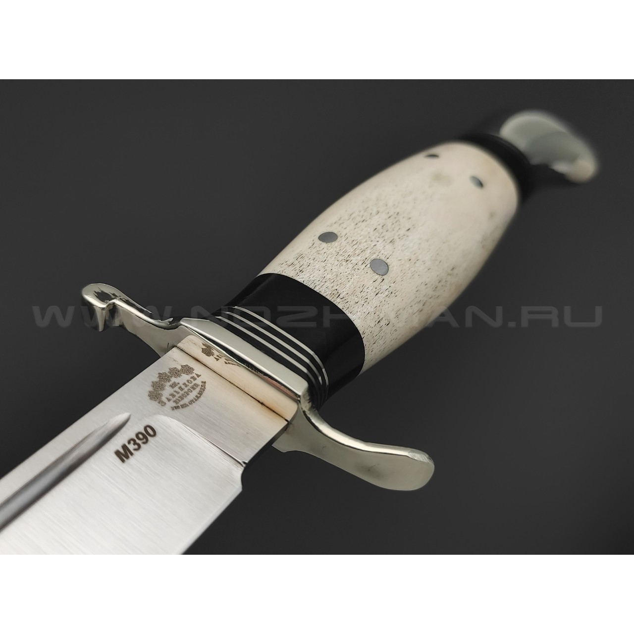 Товарищество Завьялова нож Финка НКВД сталь M390, рукоять Рог лося, штифты, граб, мельхиор