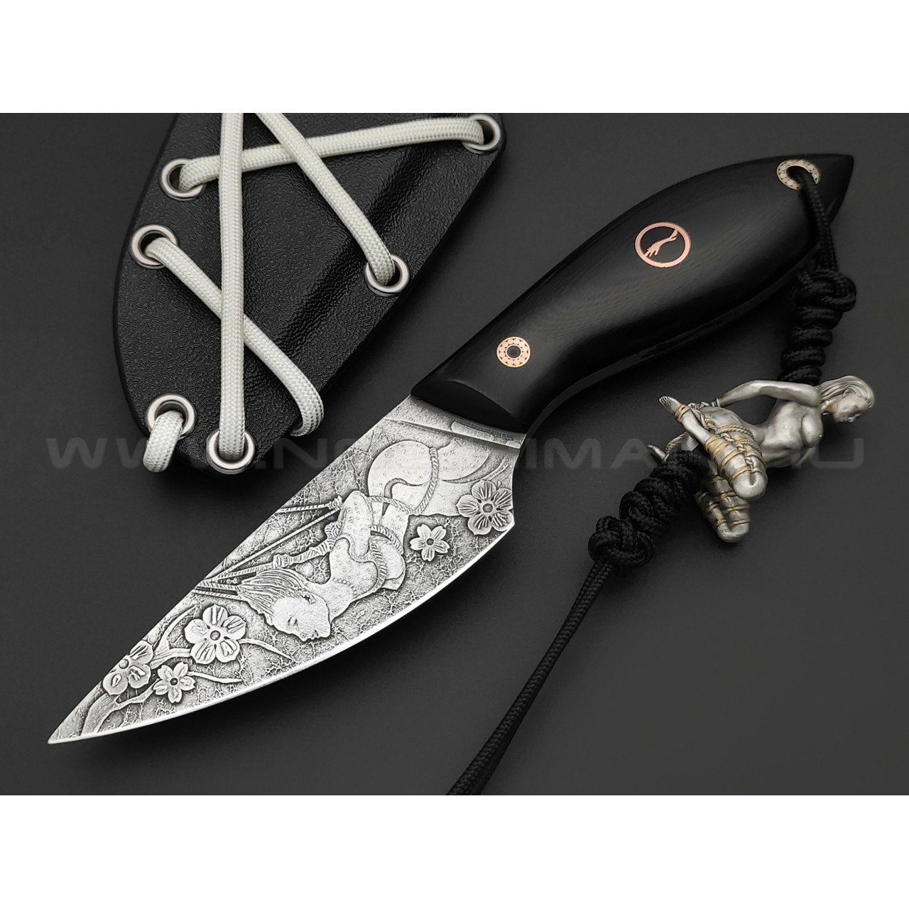 Волчий Век нож МасичЬка Custom Shibari Edition сталь M390 WA Худ.травление, рукоять G10 black, мозаичный пины