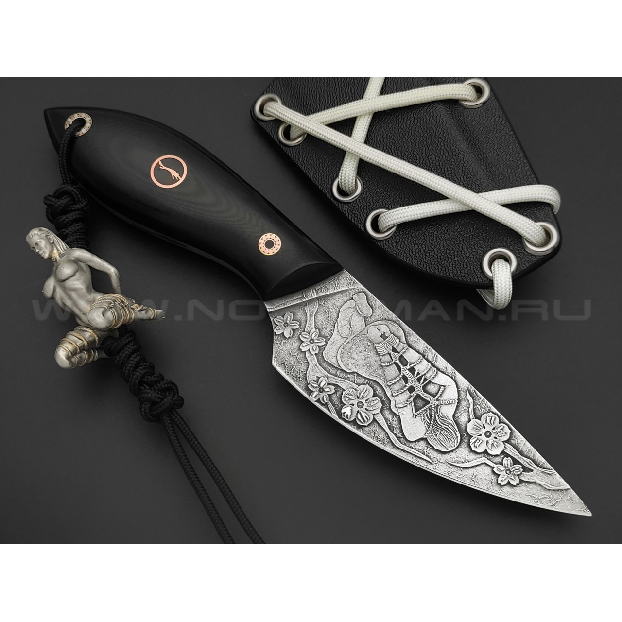 Волчий Век нож МасичЬка Custom Shibari Edition сталь M390 WA Худ.травление, рукоять G10 black, мозаичный пины