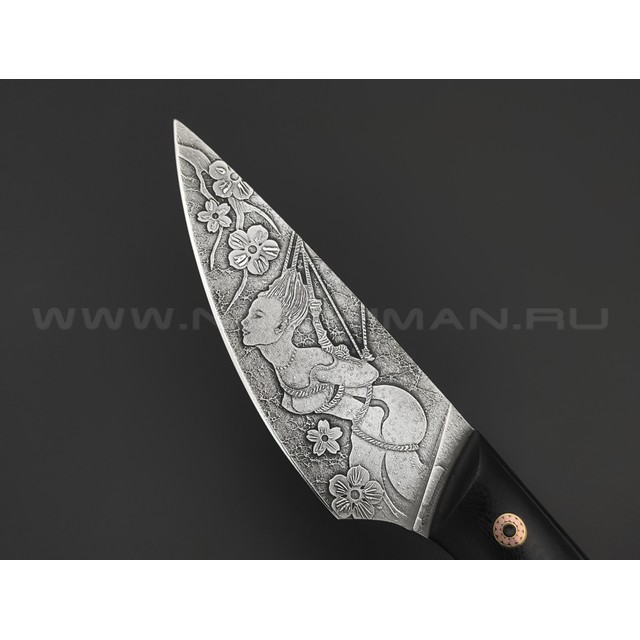 Волчий Век нож МасичЬка Custom Shibari Edition сталь M390 WA Худ.травление, рукоять G10 black, мозаичный пины