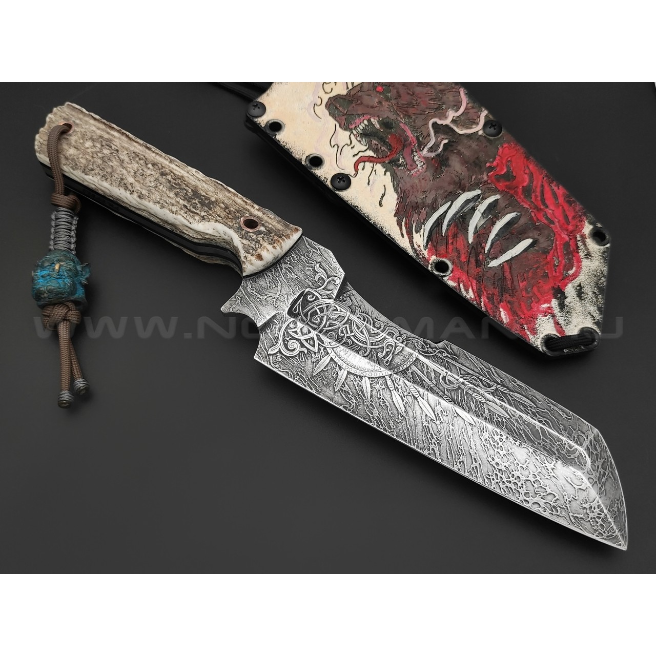 Волчий Век нож Карачун Ork Edition сталь Elmax WA худ.травление, рукоять Рог лося с ручной гравировкой, G10, медь