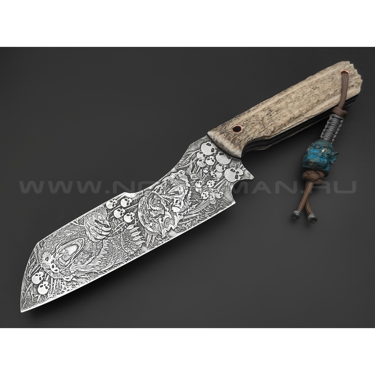 Волчий Век нож Карачун Ork Edition сталь Elmax WA худ.травление, рукоять Рог лося с ручной гравировкой, G10, медь