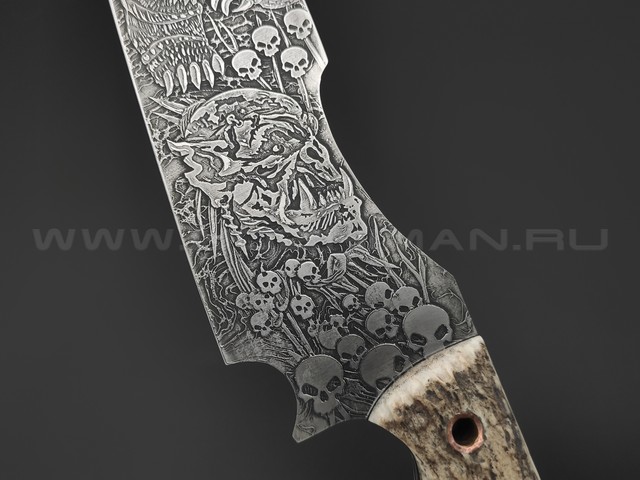 Волчий Век нож Карачун Ork Edition сталь Elmax WA худ.травление, рукоять Рог лося с ручной гравировкой, G10, медь