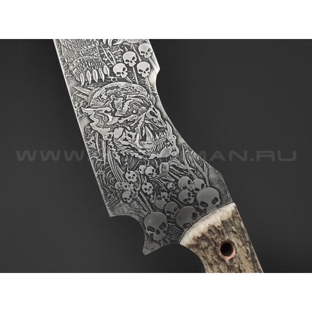 Волчий Век нож Карачун Ork Edition сталь Elmax WA худ.травление, рукоять Рог лося с ручной гравировкой, G10, медь