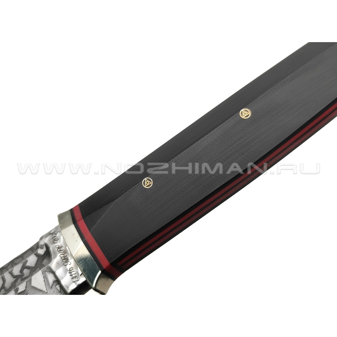 Волчий Век нож Слон Custom сталь 1.4116 WA Худ.травление, обух 6.5 мм, рукоять G10 black & red, мозаичные пины, нейзильбер