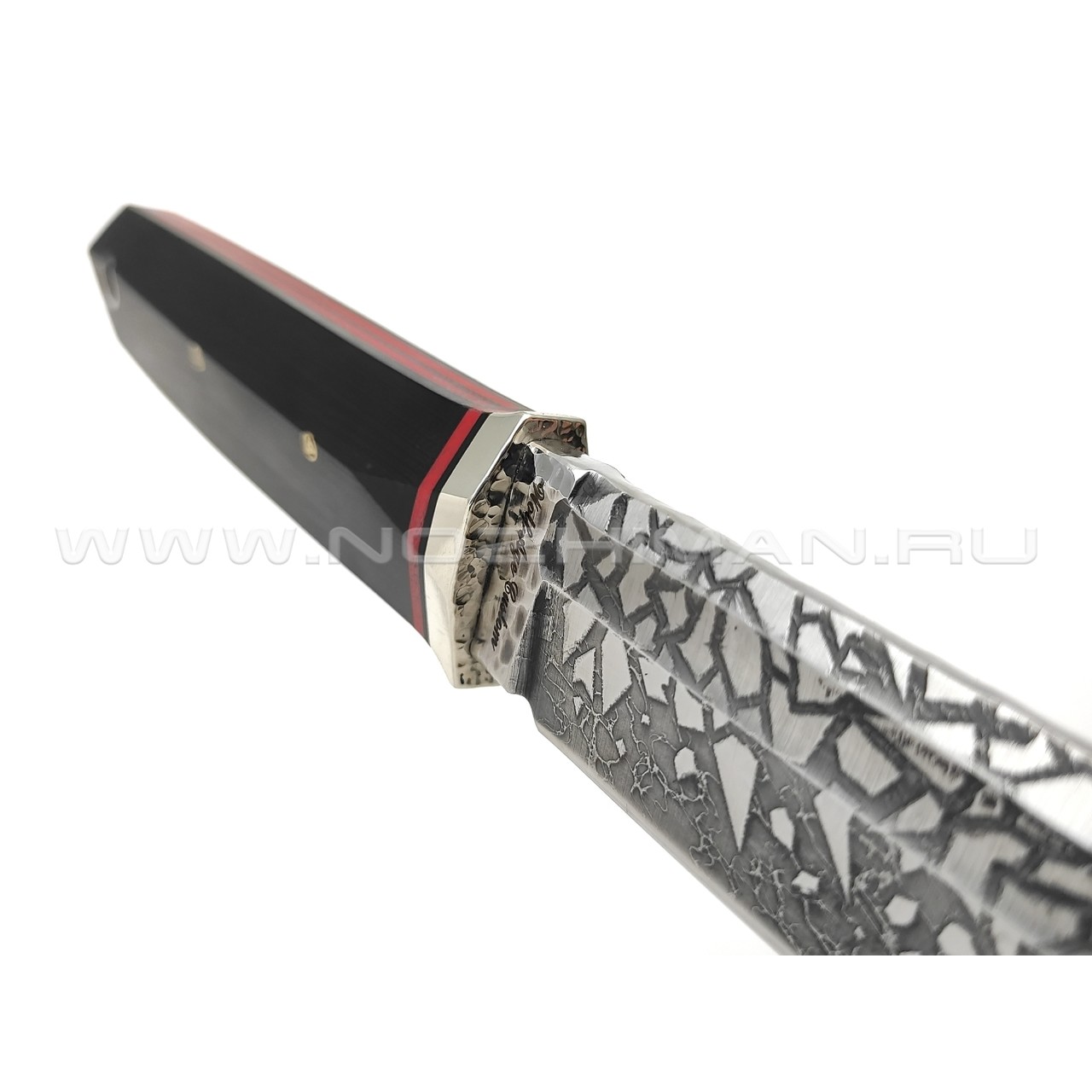 Волчий Век нож Слон Custom сталь 1.4116 WA Худ.травление, обух 6.5 мм, рукоять G10 black & red, мозаичные пины, нейзильбер