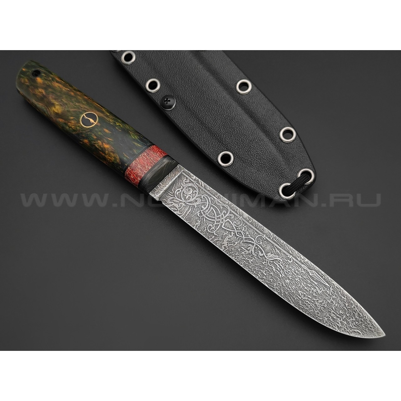 Волчий Век нож Слон Custom сталь M390 WA Худ.травление, рукоять Стаб. карельская береза, карбон, позвонок кита, мозаичный пин, G10