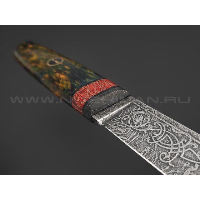 Волчий Век нож Слон Custom сталь M390 WA Худ.травление, рукоять Стаб. карельская береза, карбон, позвонок кита, мозаичный пин, G10