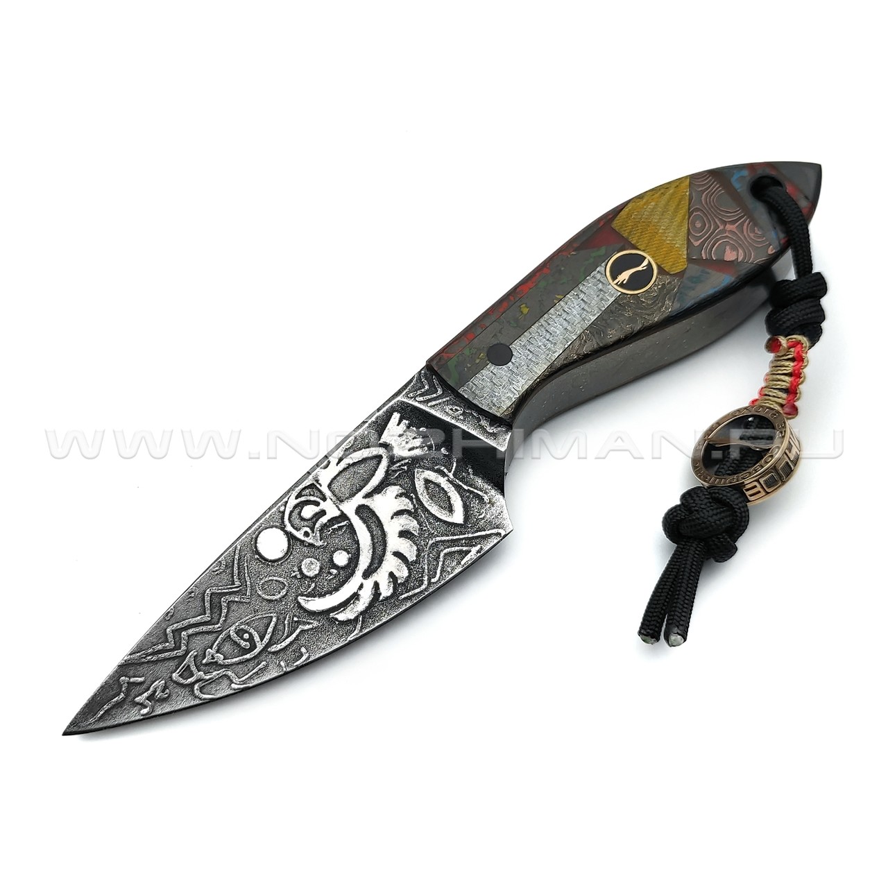Волчий Век нож Масичка Brutal Custom сталь D2 WA Худ.травление, обух 16.2 мм, рукоять Карбоновая мозайка