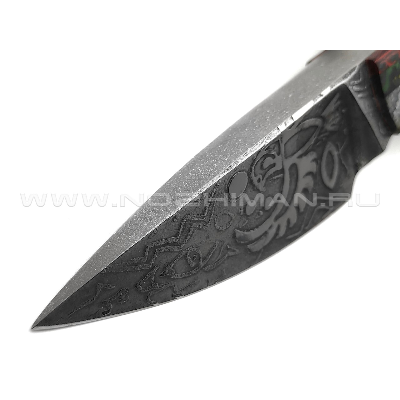 Волчий Век нож Масичка Brutal Custom сталь D2 WA Худ.травление, обух 16.2 мм, рукоять Карбоновая мозайка