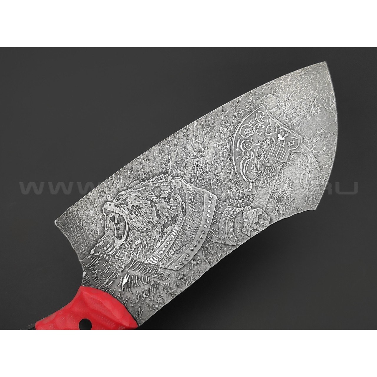 Волчий Век нож Бугай Custom сталь 95Х18 WA Худ.травление, рукоять G10 black & red, медный пин, пины карбон