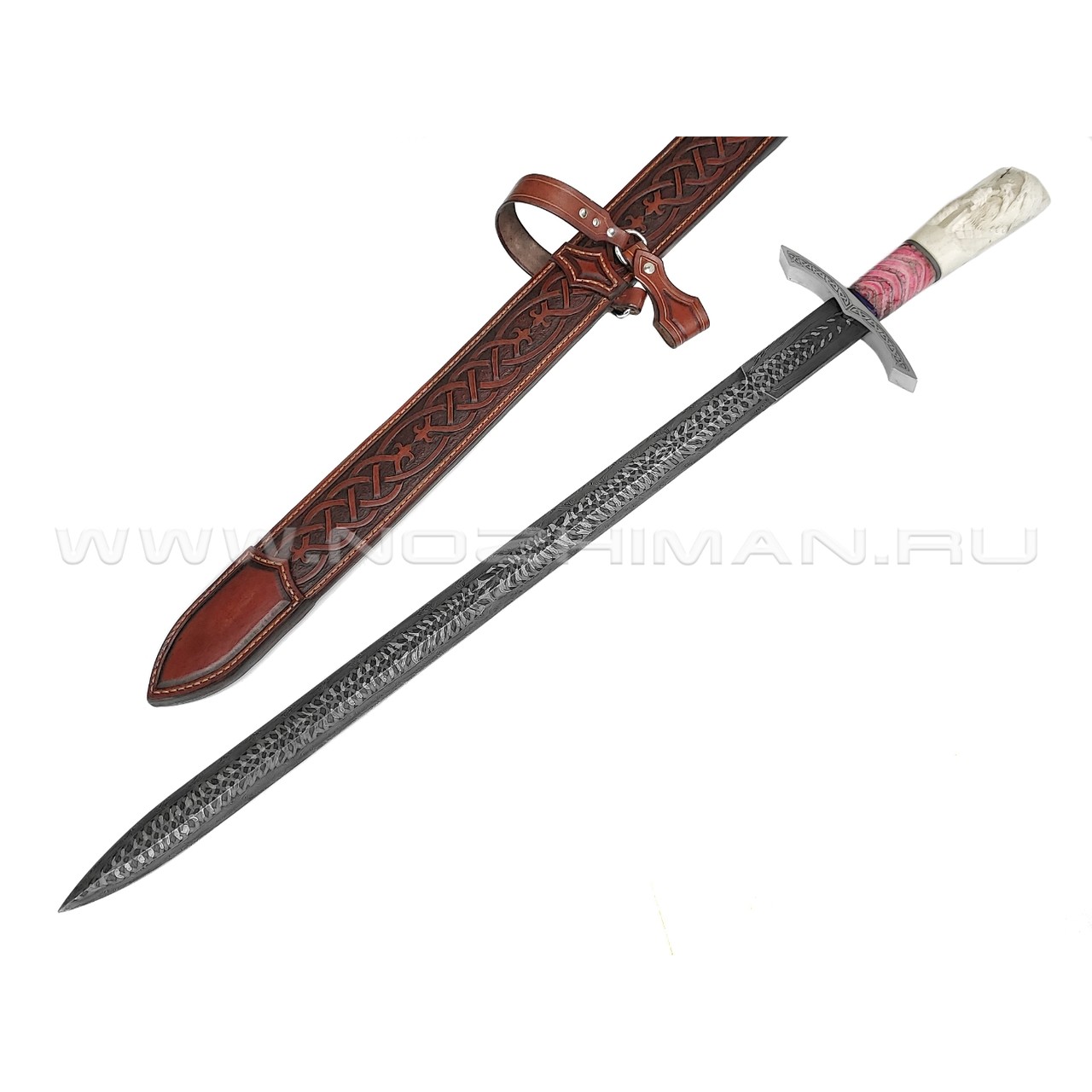 Корзун Александр меч из мозаичного дамаска (Матвеев), рукоять Бивень мамонта с резьбой и скримшоу, зуб мамонта, титан