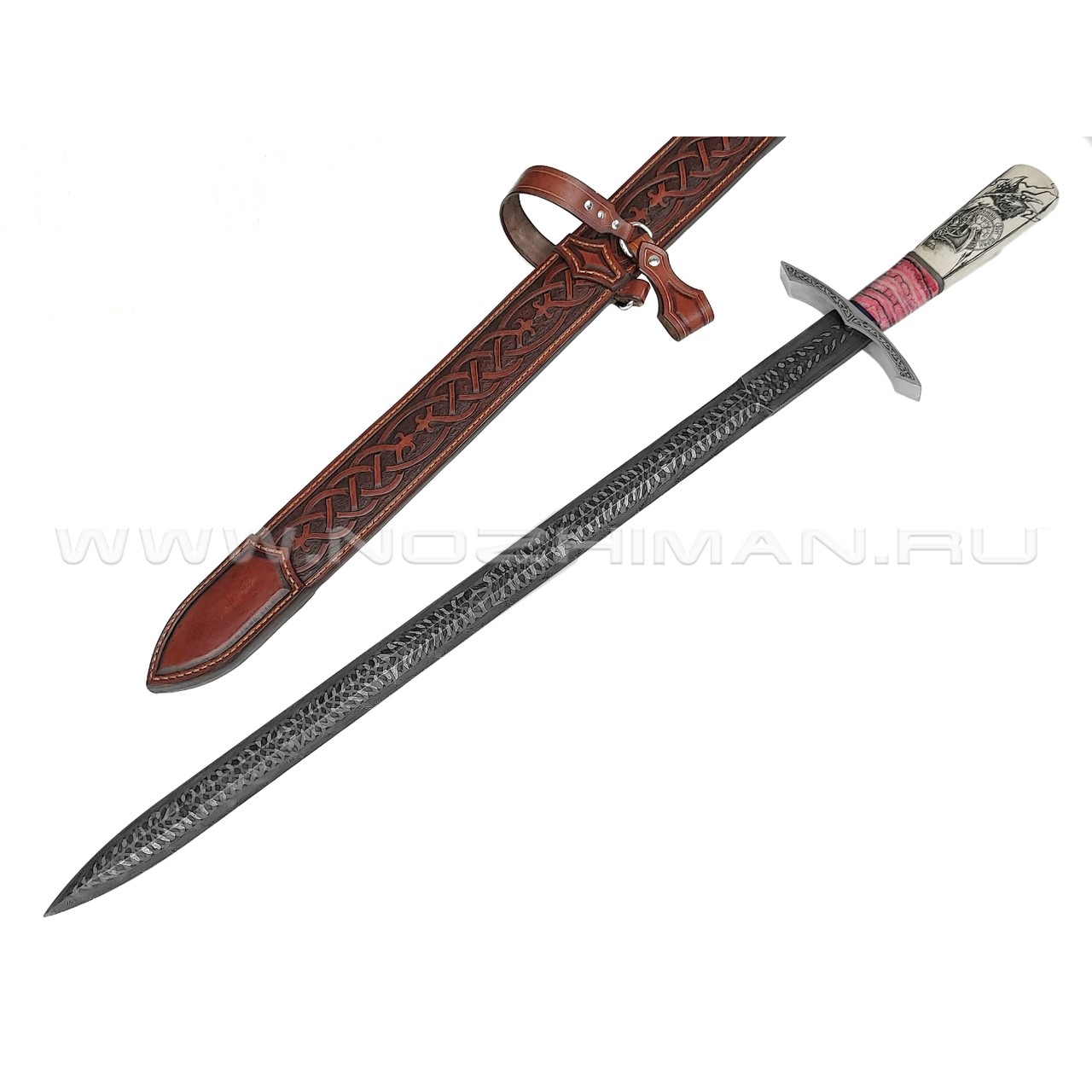 Корзун Александр меч из мозаичного дамаска (Матвеев), рукоять Бивень мамонта с резьбой и скримшоу, зуб мамонта, титан