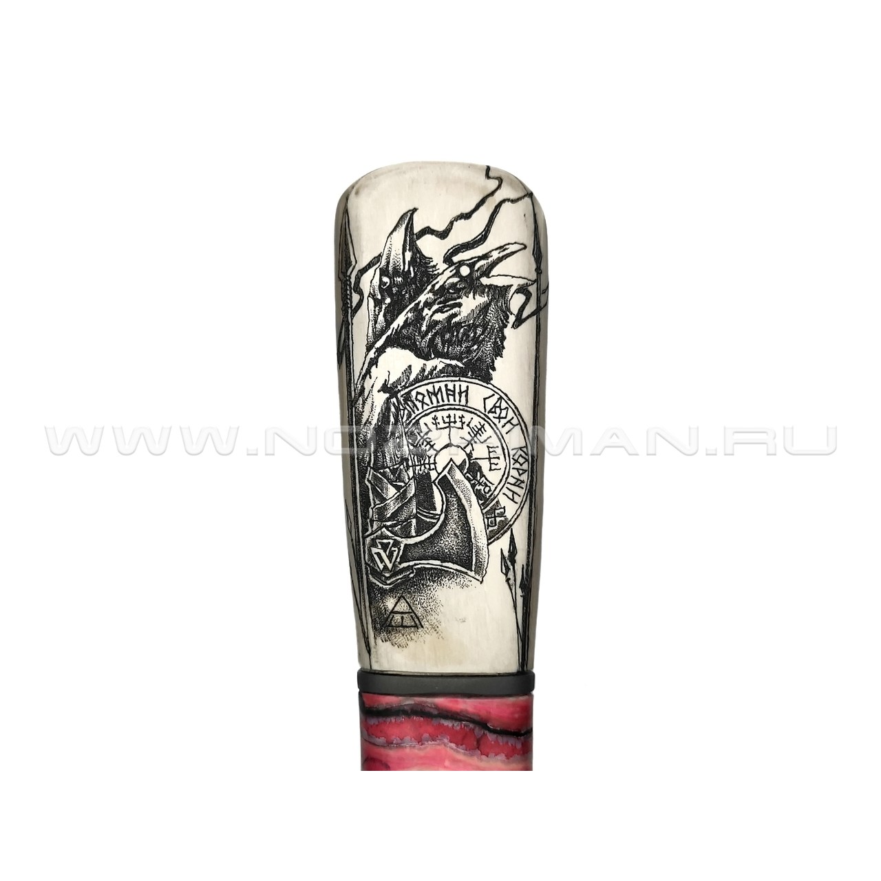 Корзун Александр меч из мозаичного дамаска (Матвеев), рукоять Бивень мамонта с резьбой и скримшоу, зуб мамонта, титан