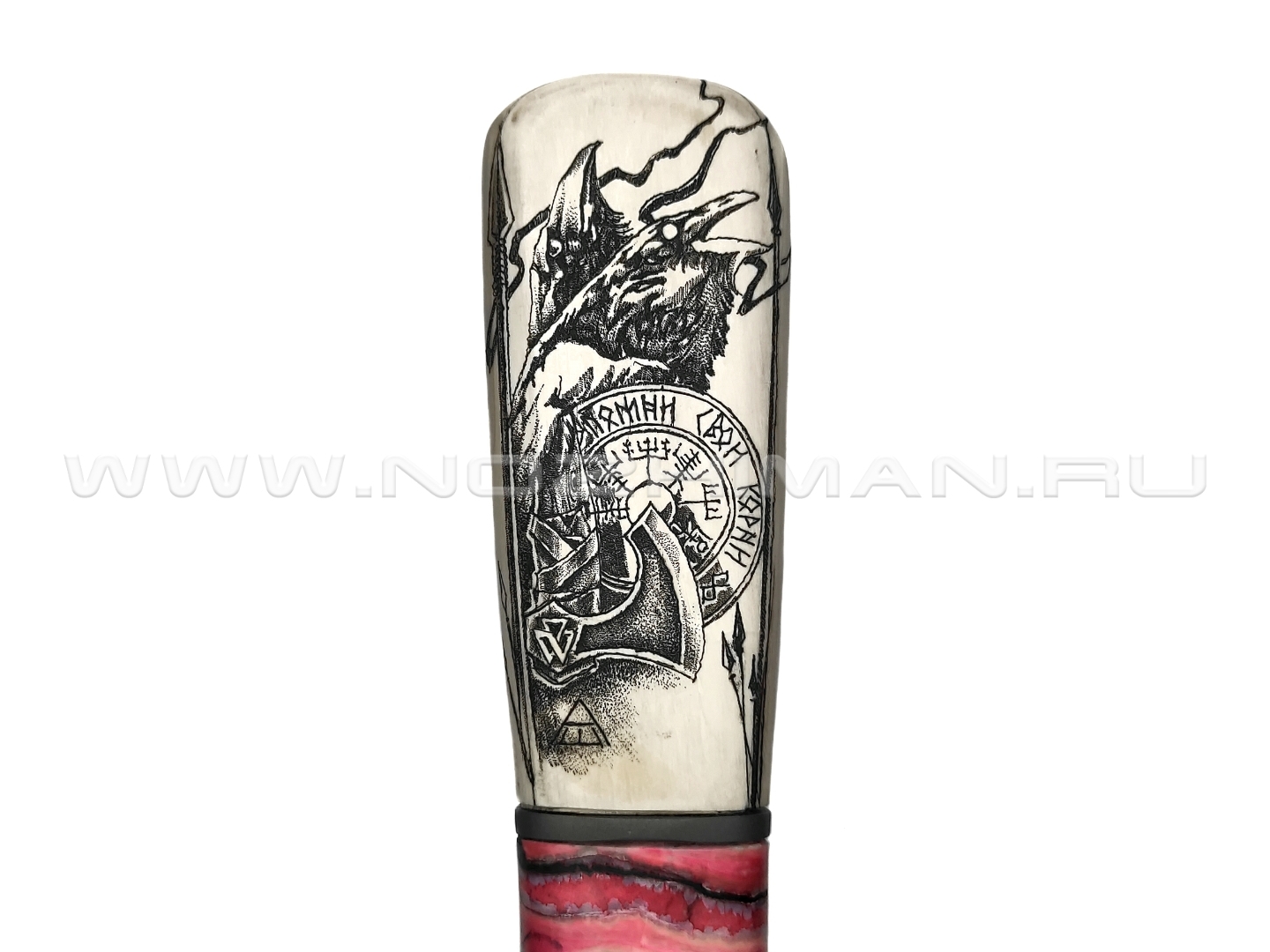 Корзун Александр меч из мозаичного дамаска (Матвеев), рукоять Бивень мамонта с резьбой и скримшоу, зуб мамонта, титан