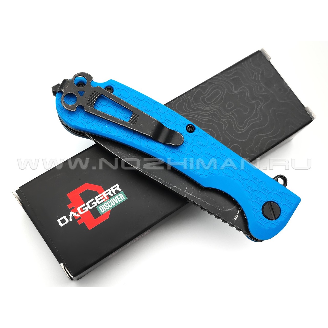 Daggerr нож Wocket Blue BW Serrated DL сталь 8Cr14MoV блэквош, рукоять FRN blue