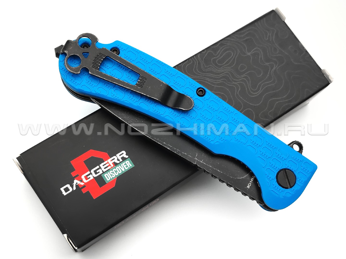 Daggerr нож Wocket Blue BW Serrated DL сталь 8Cr14MoV blackwash, рукоять FRN blue