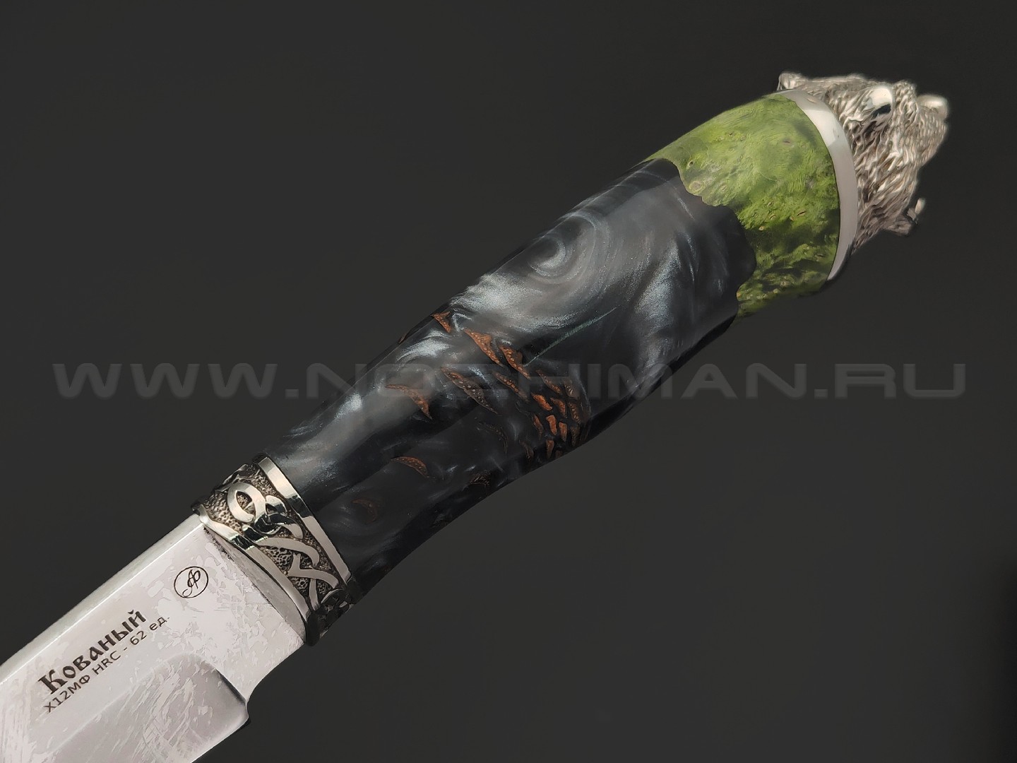 Фурсач А. А. нож Волк-2 сталь Х12МФ травление, рукоять Гибрид дерева, акрила и шишки, мельхиор