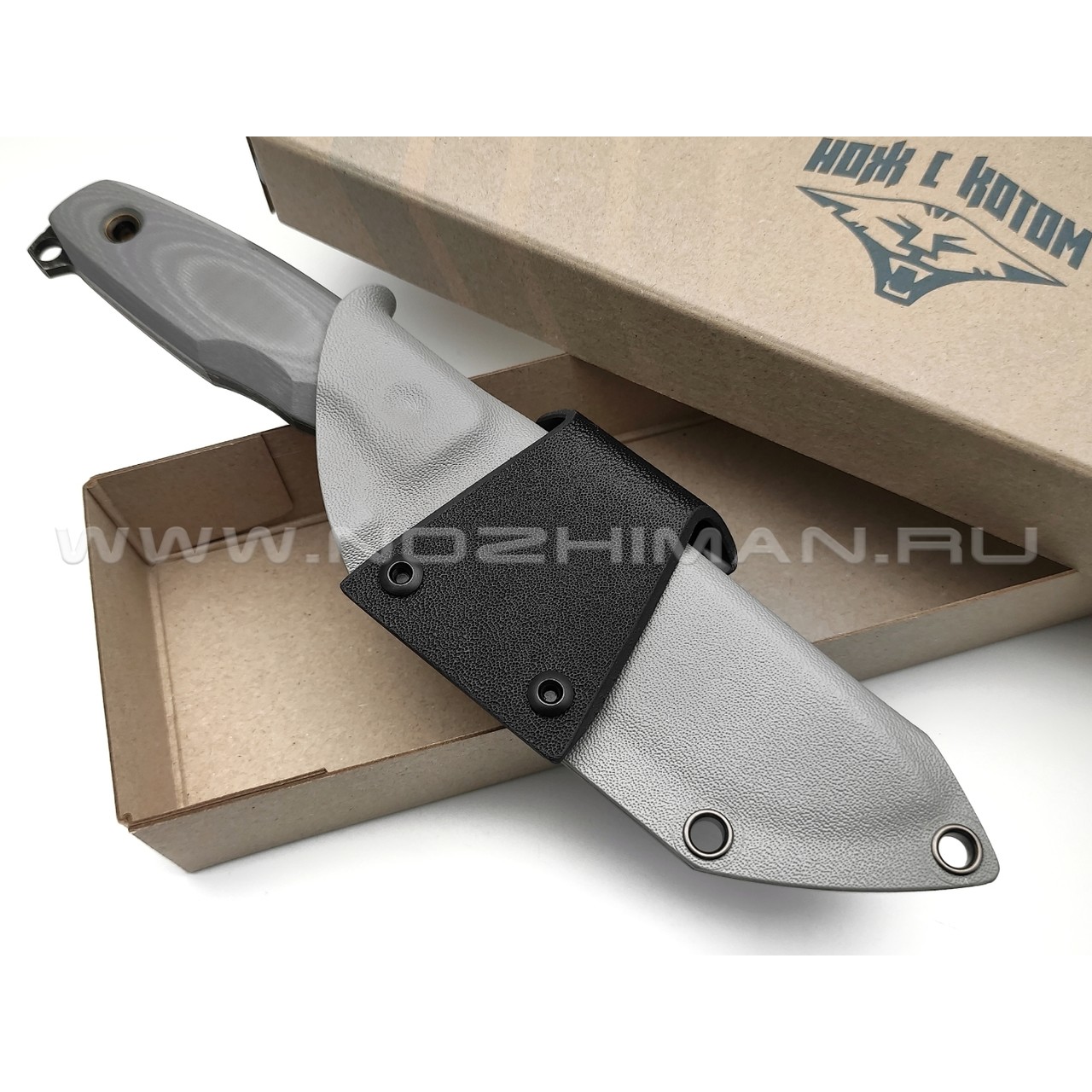 Нож с Котом Тик-Так 6 сталь Cr12 блэквош, рукоять G10 grey, kydex grey