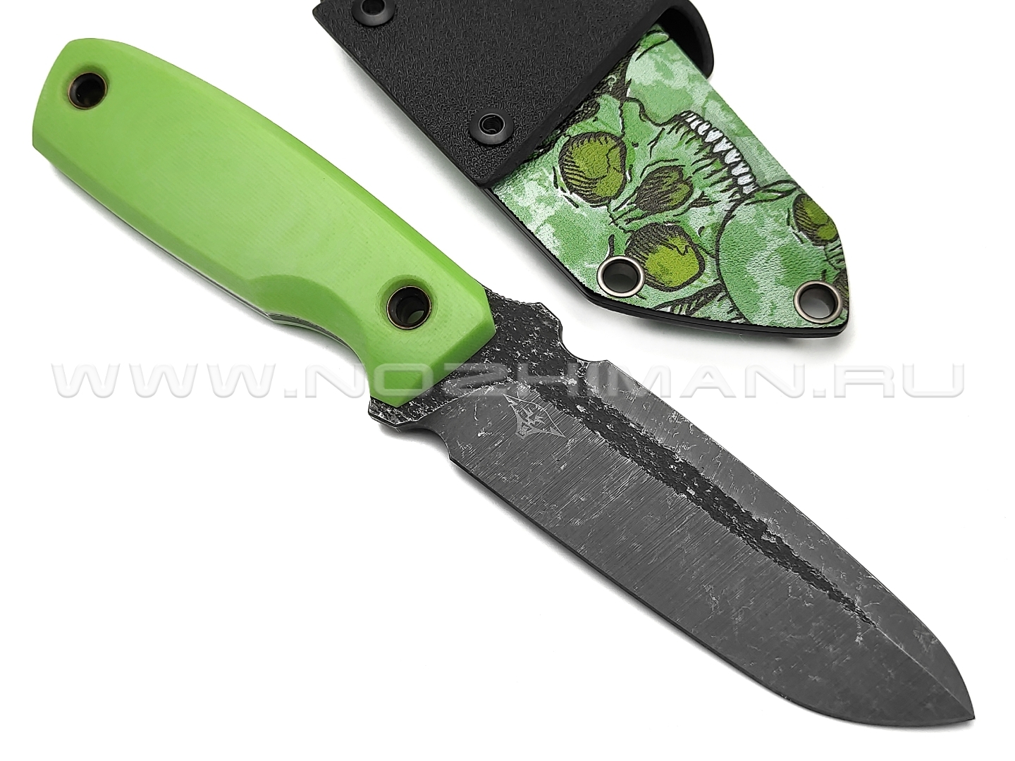 Нож с Котом Жаба сталь Cr12 blackwash, рукоять G10 light green, kydex green skull