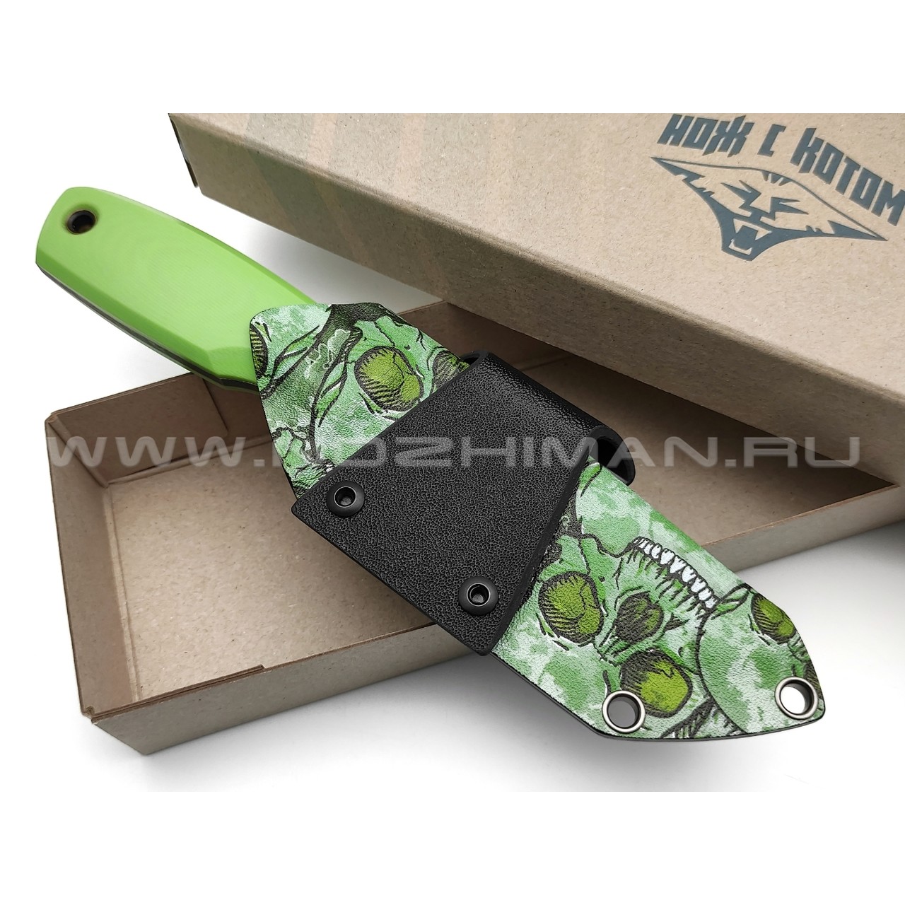 Нож с Котом Жаба сталь Cr12 блэквош, рукоять G10 light green, kydex green skull
