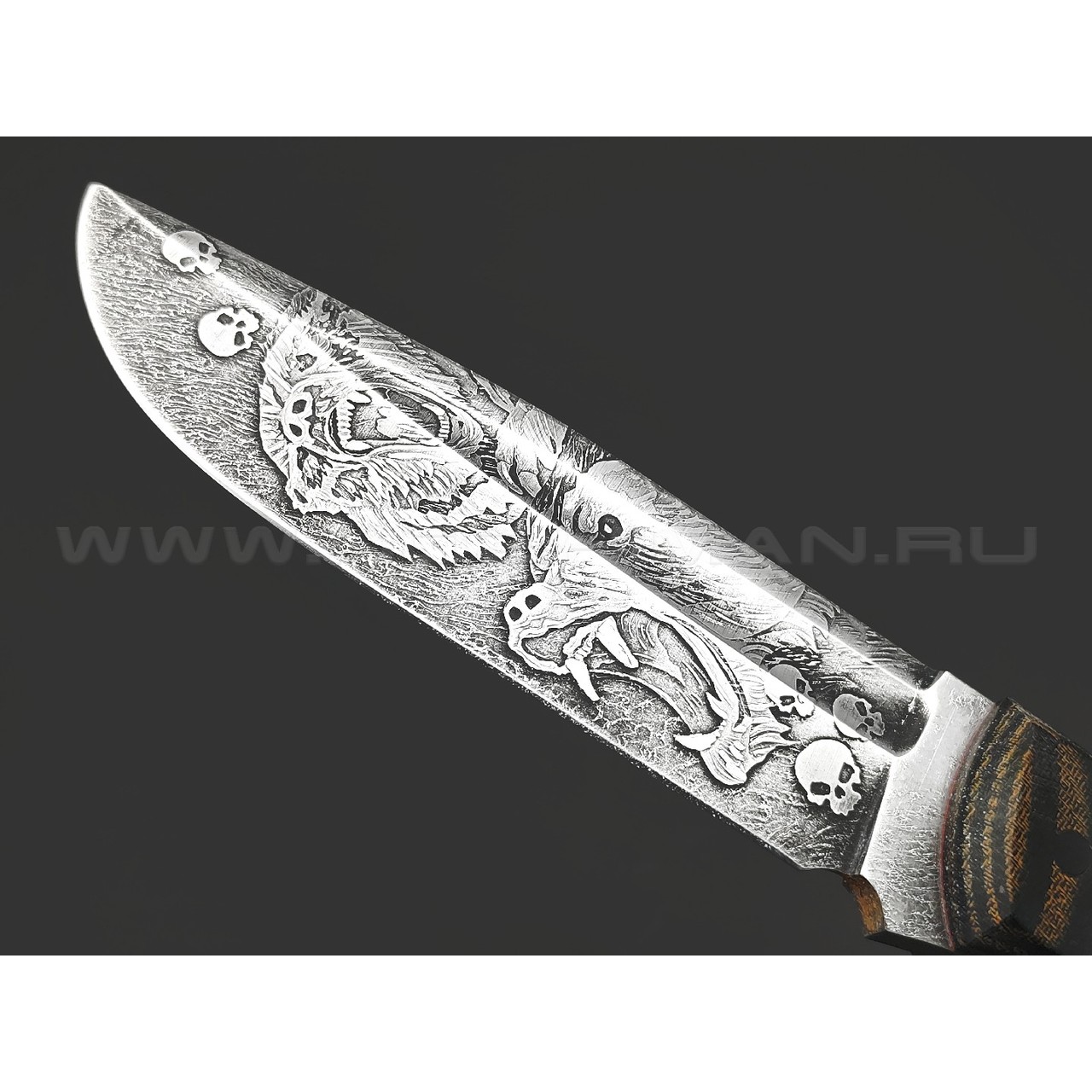 Волчий Век нож Ямской Custom сталь 95Х18 WA худ.травление, рукоять G10, микарта, пины карбон и медь