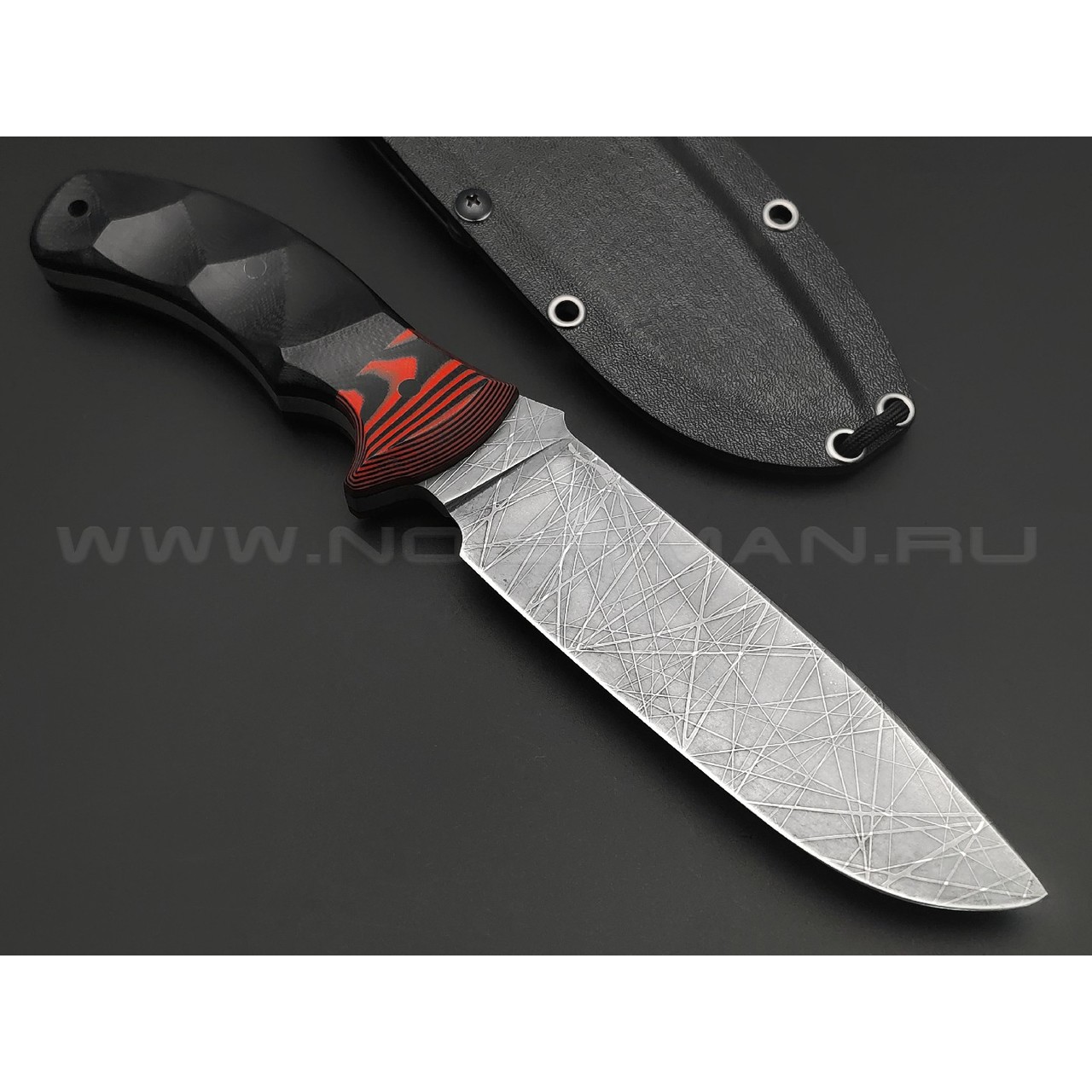 Волчий Век нож Команданте Custom сталь 95Х18 WA худ.травление Хаотик, рукоять G10 black & red, пины карбон