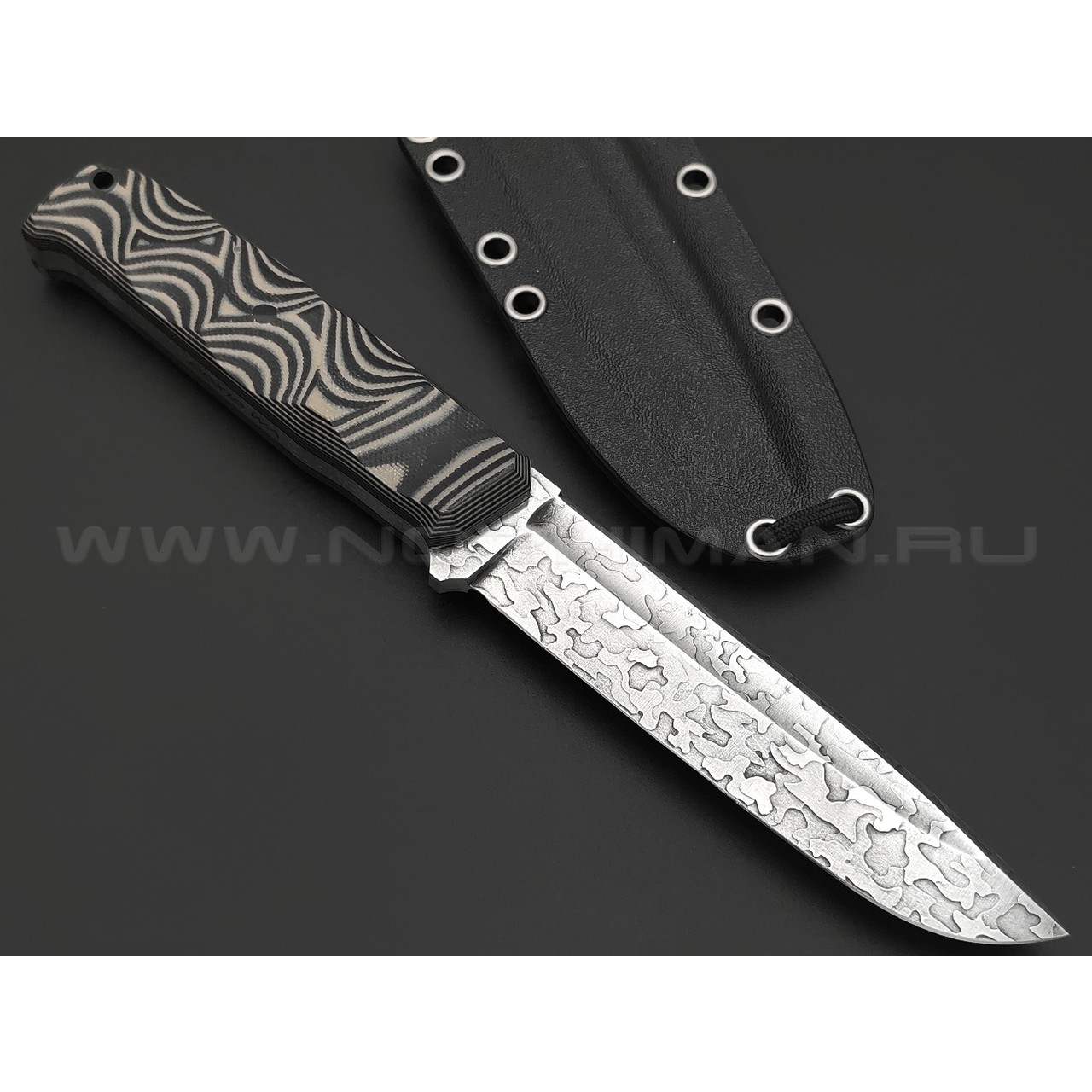 Волчий Век нож Wolfkniven Custom сталь 95Х18 WA худ.травление, рукоять G10 black & beage, пины карбон