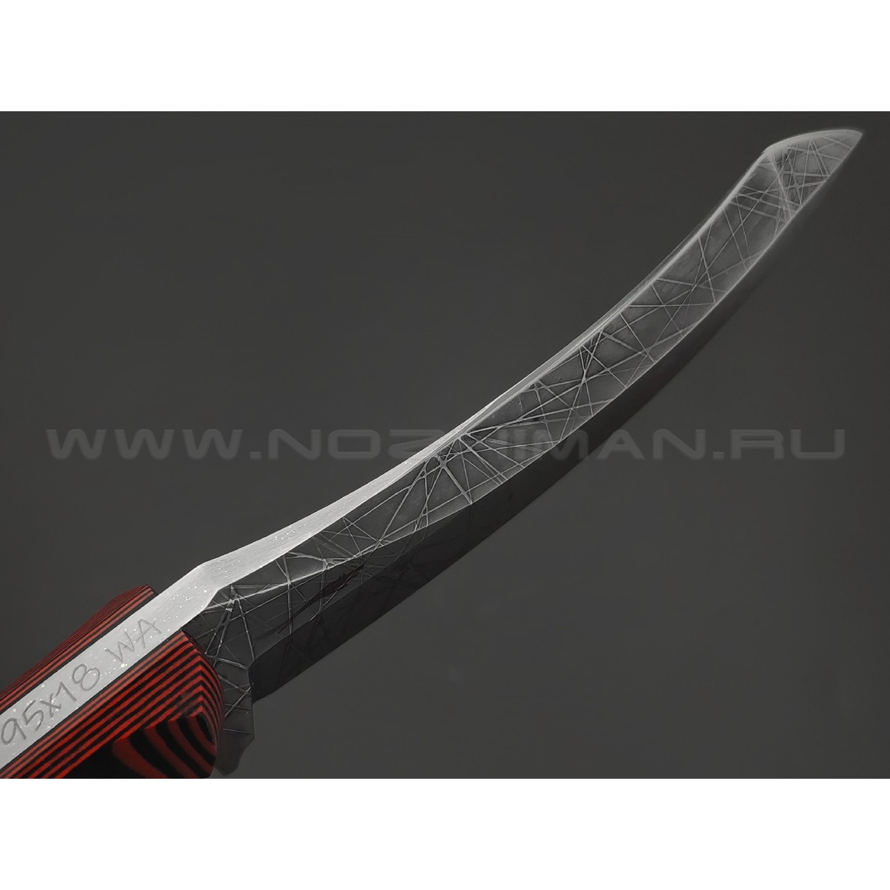 Волчий Век нож Кондрат 12 Custom сталь 95Х18 WA худ.травление Хаотик, рукоять G10 black & red, пины карбон