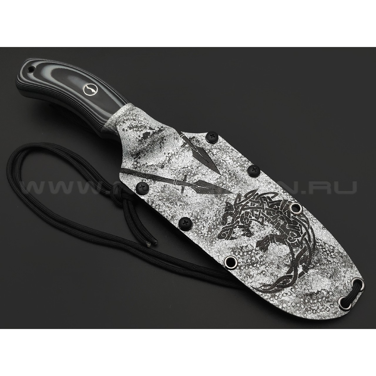 Волчий Век нож Команданте Tactical Custom сталь 95Х18 WA худ.травление, рукоять Silver twill, G10, пины карбон, мозаич.пин