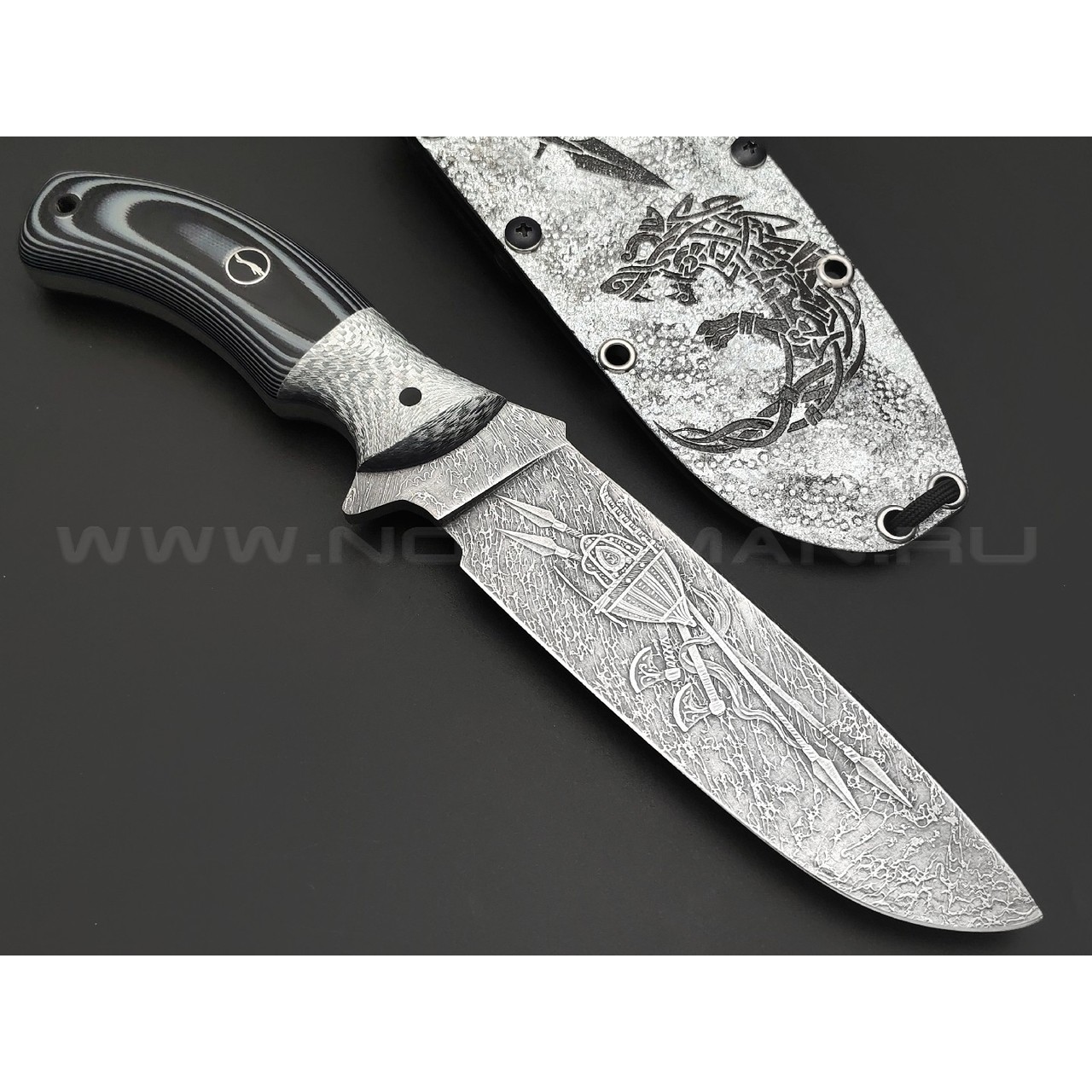 Волчий Век нож Команданте Tactical Custom сталь 95Х18 WA худ.травление, рукоять Silver twill, G10, пины карбон, мозаич.пин