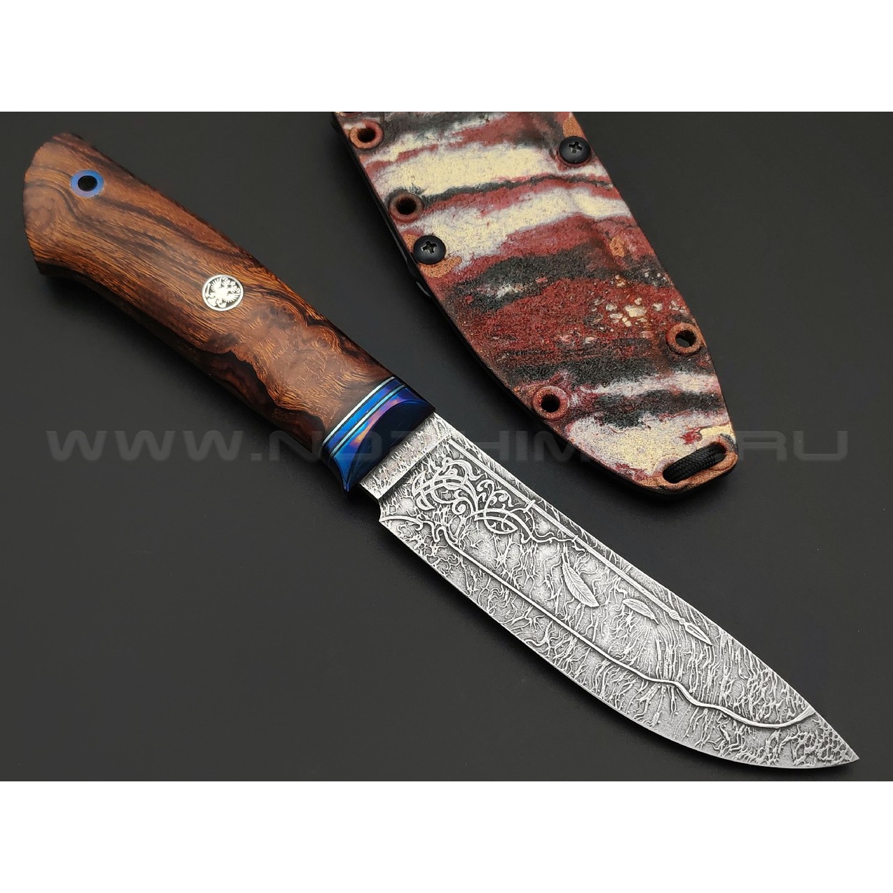 Волчий Век нож Слон Custom сталь CPM S60V WA худ.травление, рукоять Айронвуд, титан, тимаскус, мозаичный пин