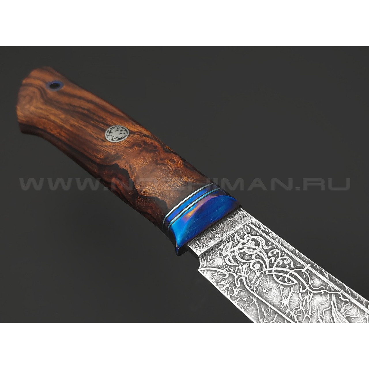 Волчий Век нож Слон Custom сталь CPM S60V WA худ.травление, рукоять Айронвуд, титан, тимаскус, мозаичный пин